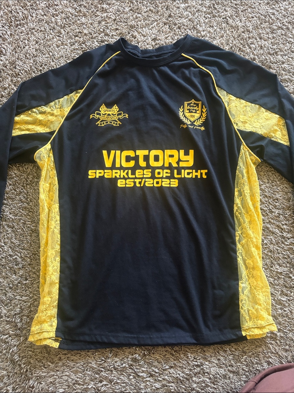 Victory Sparkles of Light Black & Yellow Athletic Tee lace long sleeve y2k